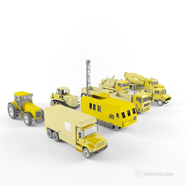 Yellow Construction Utility Vehicles With Tractor Truck Mixer And Crane 3d model 
