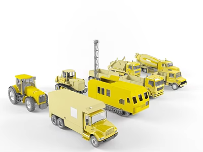 Yellow Construction Utility Vehicles With Tractor Truck Mixer And Crane 3d model