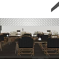 Outdoor Restaurant Courtyard With Green Trees White Building Canopy And Garden Seating