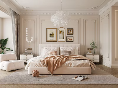 Elegant Classic Bedroom Interior With Wainscoting Walls Chandelier Framed Art Bedside Tables And Rug 3d model