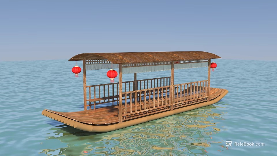 Traditional Wooden Boat with Wooden Roof Railing and Red Lanterns Floating on Calm Water 3d model 