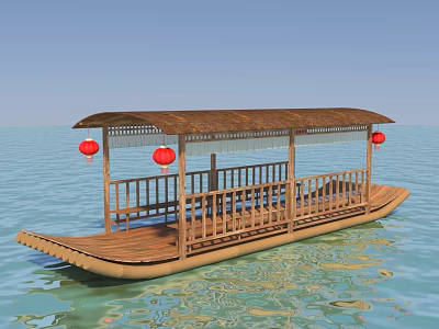 Traditional Wooden Boat with Wooden Roof Railing and Red Lanterns Floating on Calm Water 3d model