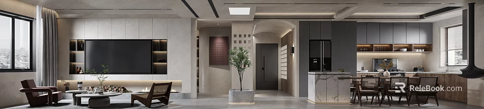 Modern Living and Dining Room Interior With Potted Plant Square Pattern Wall and Gray Floor 3d model 