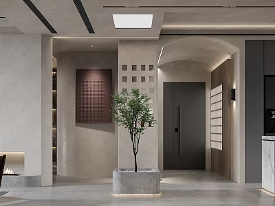 Modern Living and Dining Room Interior With Potted Plant Square Pattern Wall and Gray Floor 3d model