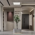 Modern Living and Dining Room Interior With Potted Plant Square Pattern Wall and Gray Floor