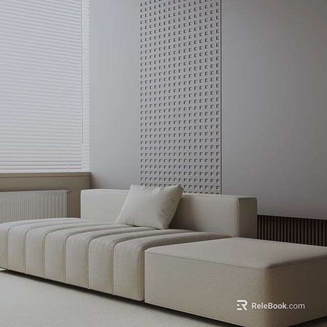 Modern Minimalist White Three Seater Sofa With Ottoman Blinds And Perforated Wall Panel 3d model 
