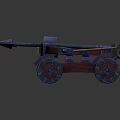 Medieval Mechanical Weapon with Wooden Brown and Blue Metal Components and Wheeled Design