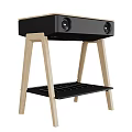 Modern Headphone Speaker Design With Wooden Top Black Body And Shelf Stand
