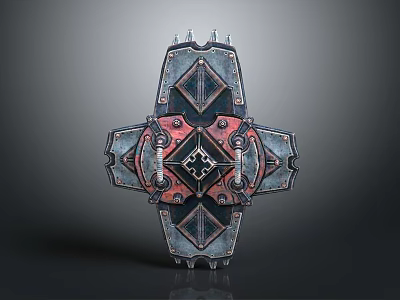 Ornate Symmetric Metal Shield Design With Red Black Geometric Patterns And Rivets 3d model