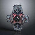 Ornate Symmetric Metal Shield Design With Red Black Geometric Patterns And Rivets