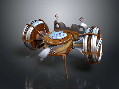 Mechanical Device with Large Spoked Wheels Metal Wooden Frame Central Circular Console Support Stands 3d model