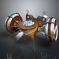 Mechanical Device with Large Spoked Wheels Metal Wooden Frame Central Circular Console Support Stands