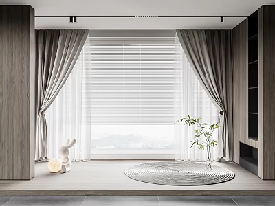 Modern Gray Curtains With White Blinds In Interior With Wooden Cabinets And Green Plant 3d model