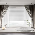 Modern Gray Curtains With White Blinds In Interior With Wooden Cabinets And Green Plant