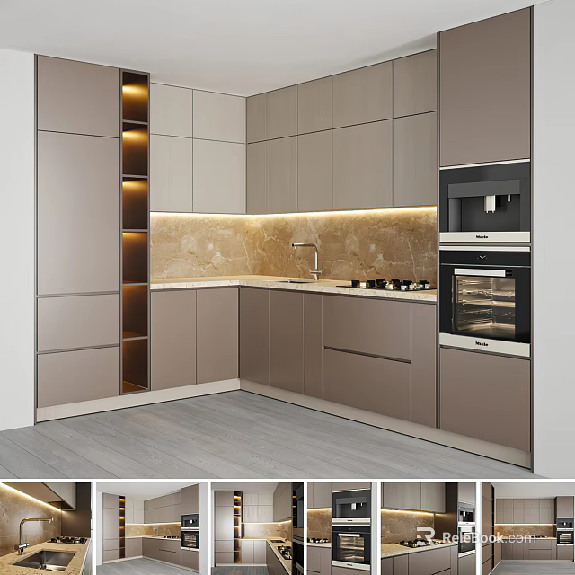 Modern Kitchen Cabinets With Light Gray Design LED Lighting Marble Countertop And Backsplash 3d model 