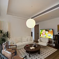 Bright Warm Stylish Living Room With Soft White Sofa Round Pendant Light And Comfortable Seating