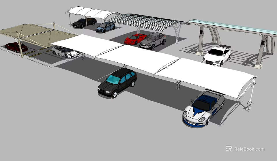 Shaded Carport Canopy Covering Multiple Cars in Outdoor Parking Lot 3d model 