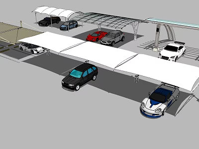 Shaded Carport Canopy Covering Multiple Cars in Outdoor Parking Lot 3d model