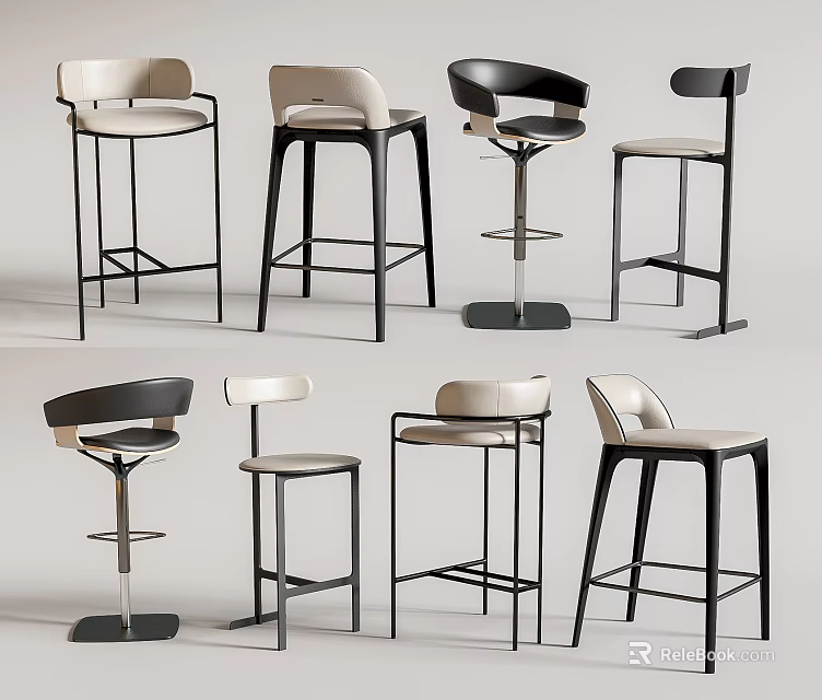 Modern Bar Stools With Metal Frames Beige Black Seats And Backrests In Various Styles 3d model 