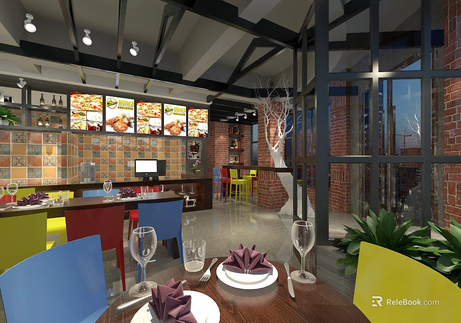 Modern Industrial Restaurant Interior With Colorful Chairs Brick Wall Table Settings And Food 3d model 
