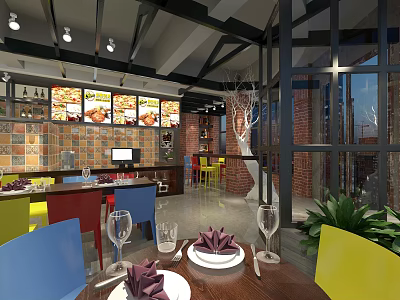 Modern Industrial Restaurant Interior With Colorful Chairs Brick Wall Table Settings And Food 3d model