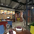 Modern Industrial Restaurant Interior With Colorful Chairs Brick Wall Table Settings And Food