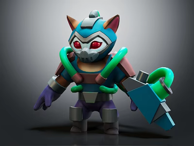 Futuristic Mechanical Cat Character With Red Eyes Blue Green Armor Holding Weapon 3d model