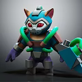 Futuristic Mechanical Cat Character With Red Eyes Blue Green Armor Holding Weapon