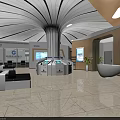 Modern Service Hall Interior with Curved Ceiling Marble Floor Reception Desk and Seating Area