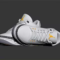 White Jordan Low Top Sneakers With Yellow Accents And Black Patterned Soles