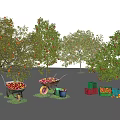 Lush Fruit Trees Bearing Ripe Fruits With Wheelbarrows And Crates Full Of Harvest