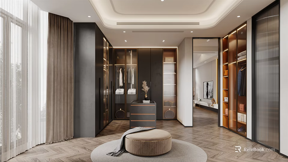 Elegant Modern Walk-in Closet Interior With Glass Doors Wooden Flooring Round Stool And Storage Cabinets 3d model 