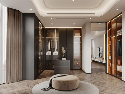 Elegant Modern Walk-in Closet Interior With Glass Doors Wooden Flooring Round Stool And Storage Cabinets 3d model