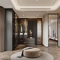 Elegant Modern Walk-in Closet Interior With Glass Doors Wooden Flooring Round Stool And Storage Cabinets