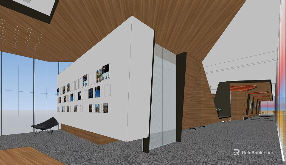 Modern Interior With White Gallery Wall Multiple Photos Wooden Ceiling And Glass Partition 3d model 