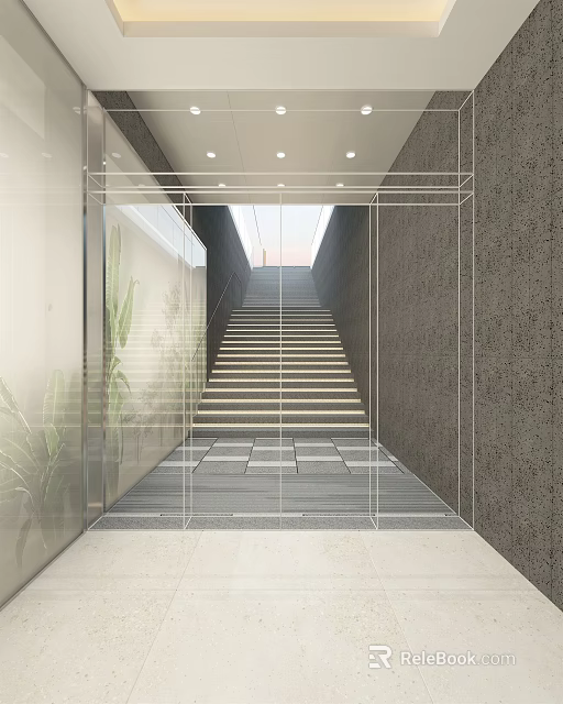 Modern Staircase Interior Design With Glass Railing Concrete Walls And LED Lighting 3d model 