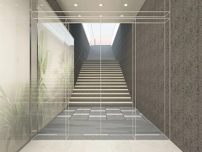 Modern Staircase Interior Design With Glass Railing Concrete Walls And LED Lighting 3d model
