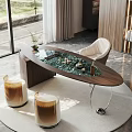 Modern Luxury Tea Table and Chairs with Marble Top Metal Legs and Green Plants