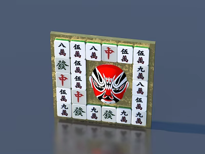 Chinese Cultural Wall Decor Featuring Mahjong Tiles Red Facial Mask And Traditional Elements 3d model
