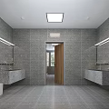 Elevator Hallway with Blue and White Walls Side Doors White Tiled Floor and Ceiling Lights