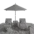 Cozy Garden Lounge Decor With Blue White Striped Chairs Navy Umbrella Wooden Table On Sand