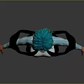 Stylized 3D Character With Teal Hair Green Eyes White Top Black Pants And Blue Coat