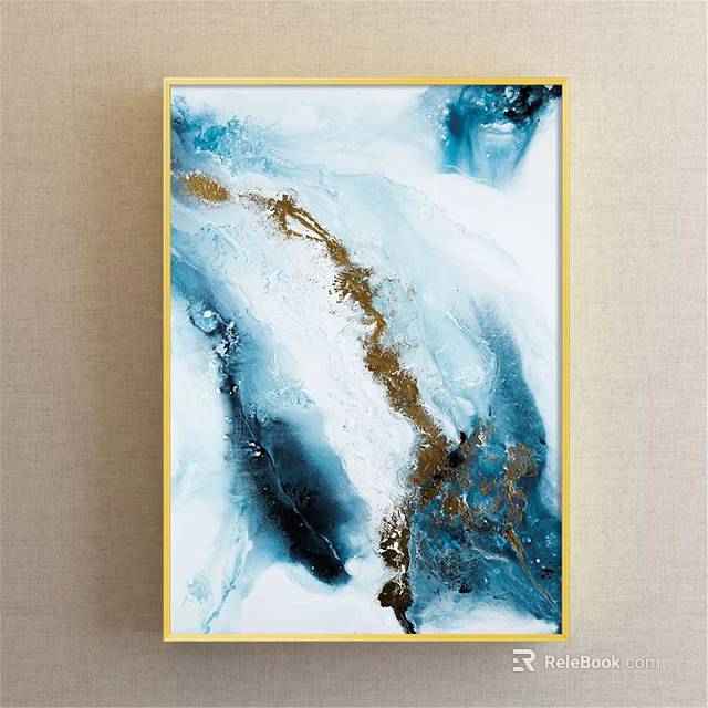 Abstract Painting With Blue White Gold Fluid Texture And Modern Art Style 3d model 