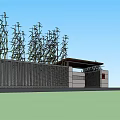 Building Exterior Facade With Pergola Canopy Decorative Red Elements Stone Structure Surrounded By Bamboo Plants