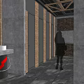 Industrial Public Restroom With Wooden Beams Round Mirrors Washbasins And Stalls
