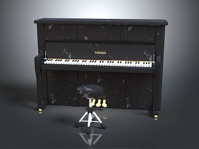 Black Yamaha Piano With Marble Patterned Surface And Matching Stool White Stand Gold Casters 3d model