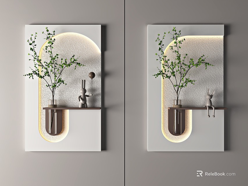 Modern Wall Hanging Decor with White Curved Design Shelf Vase Green Leaves and Rabbit 3d model 