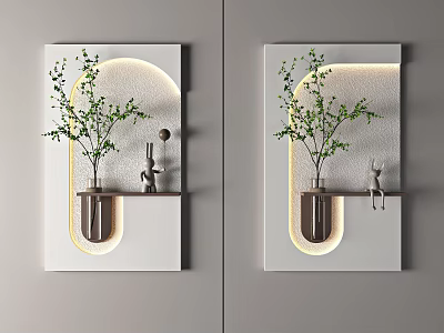 Modern Wall Hanging Decor with White Curved Design Shelf Vase Green Leaves and Rabbit 3d model