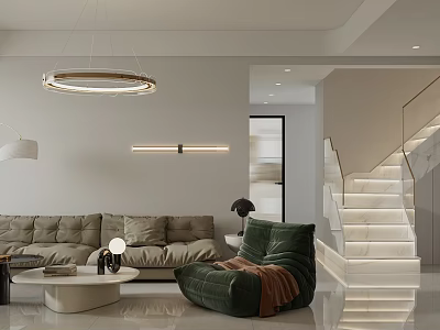 Modern Living Room Interior with Beige Sofa Green Armchair Circular Pendant Light and Coffee Table 3d model