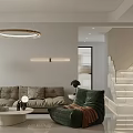 Modern Living Room Interior with Beige Sofa Green Armchair Circular Pendant Light and Coffee Table